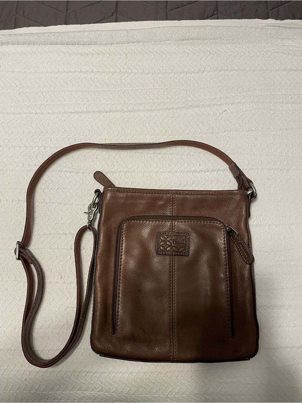 Vintage Fossil Crosstown Organizer Crossbody Bag Leather Brown ZB2841 Y2K
